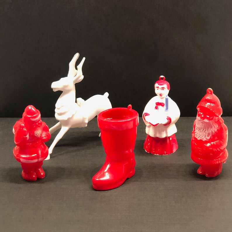 Rosen Rosbro Bradford Plastic Christmas Ornaments, Deer, Santa Claus, Boot, Choir Boy w/Candle, 1960s image 2