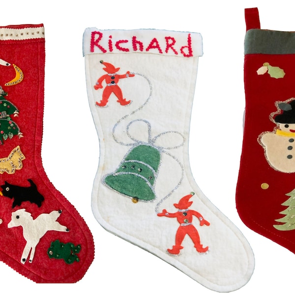 Vintage Felt CHRISTMAS Stockings  Snowman Animals Pixies 1940-80s MCM Sold Separately