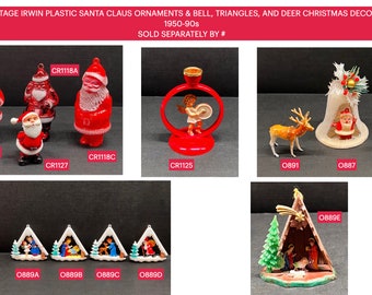 Vintage Irwin Plastic Santa Claus Ornaments & Bell, Triangles, and Deer Christmas Decor 1950-90s - SOLD SEPARATELY