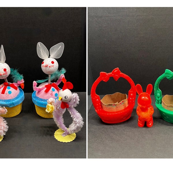 Vintage Paper Mache Bobble-Head Bunny Cups, End-of-Day Bunny Rosen/Rosbro Nut Cups 1950s Easter Decor Sold Separately