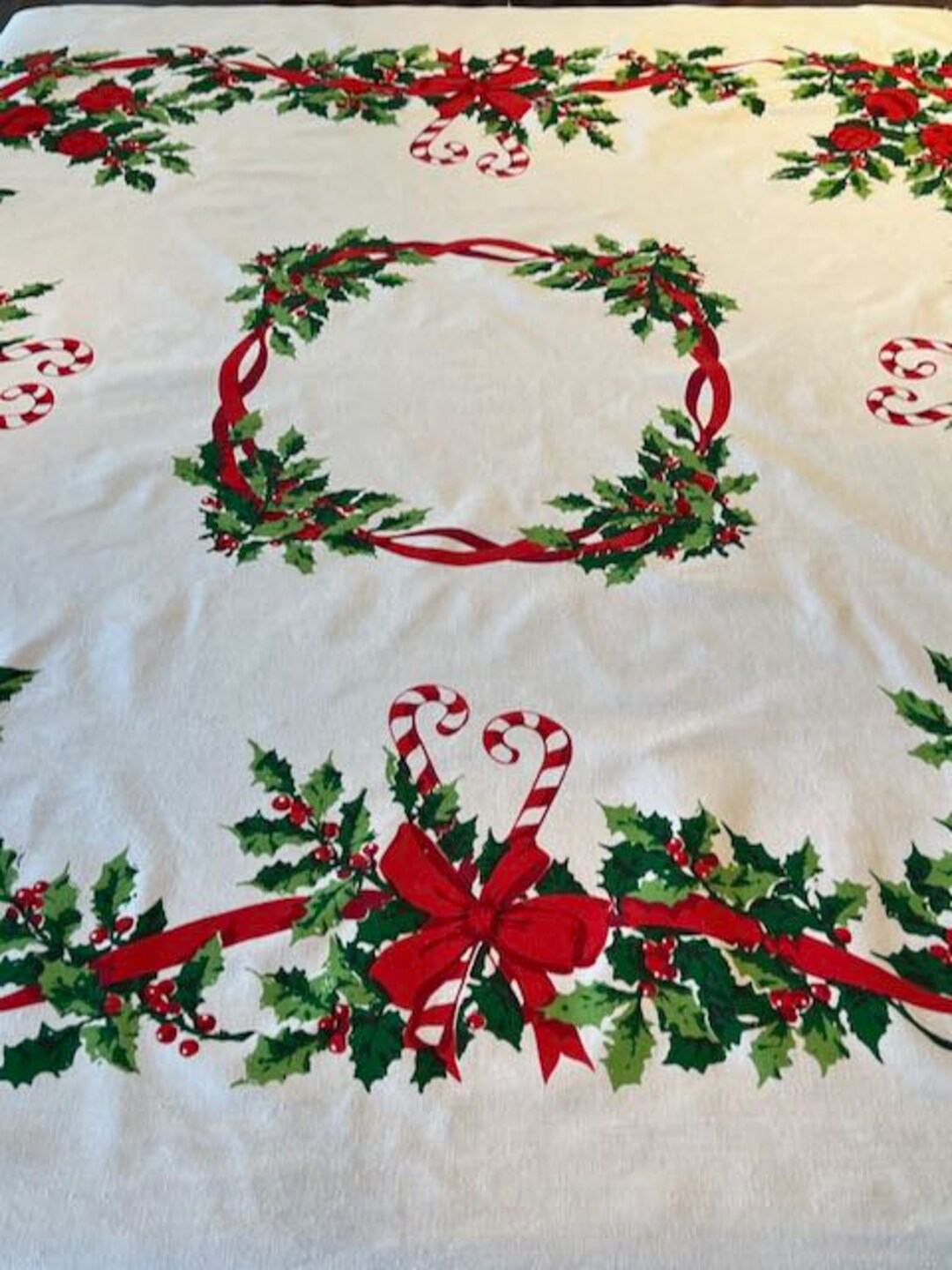 Vintage Candy Cane & Ornaments Cotton Tablecloth MCM Smaller 48 X 52 1/ ...