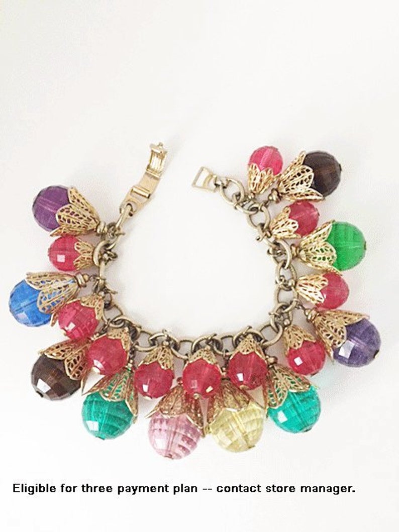 Mid Century Vintage Napier Gold Plated Filigree Capped Resin Crystal Charm Bracelet 1950s