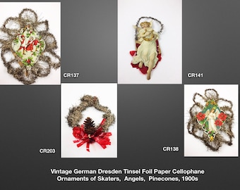 Vintage Dresden Ornaments  Skaters  Angels Pinecones Tinsel Victorian Scraps Christmas Tree Ornaments