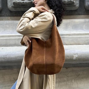 Premium Genuine Suede Bag, Everyday Practical Leather Hobo Bag, Suede Slouchy Bag, Boho Bag, one side suede one side leather