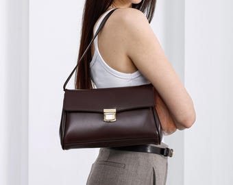 Minimalist Leather Baguette Bag, Elegant Work Shoulder Bag, Luxury Handbag, Holiday Christmas Gift