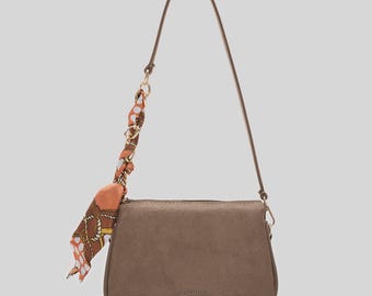Vegan Suede Shoulder Bag, Scarf Detail, 3-Compartment Purse