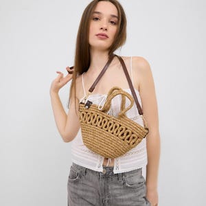 Handmade Organic Straw Crossbody Bag with Makeup Pouch | Mini Woven Beach Shoulder Purse