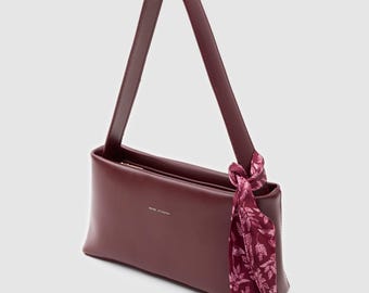 Burgundy Baguette Bag, Women's Vegan Leather Shoulder Bag, Burgundy Bag, Elegant Handbag, Scarf Detail Bag, Everyday Bag