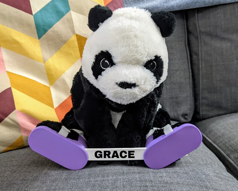May include: A black and white panda plush toy wearing a purple and white skateboard with the word "GRACE" printed on it.