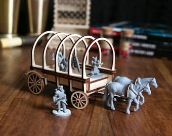 Wagon with 3D Printed Horses Kit | Wooden Laser Cut | Dungeons and Dragons | RPG | PVA Required | 14+ years