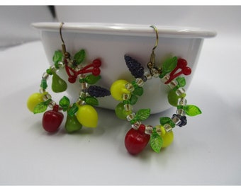 Vintage Multi Colored Fruit Dangle Earrings, Fruit Wreath Earrings, Apple. Grape and Lemon Earrings, 2 inch