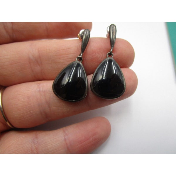 CFJ Signed Sterling Silver 925 Black Onyx Dangle Earrings, 4 Grams, 1.5 Inches, Statement Earrings, Southwestern Jewelry