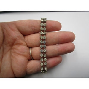 Vintage Silver Tone Double Layered Rhinestone Bracelet Fold over Clasp, 7.25&quot;