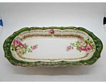 Vintage "G Wiegand" gesigneerd gouden accent rose patroon ijdelheid Display Duitsland, 11 inch, keramische display schotel, sieraden schotel, bloemengroene schotel