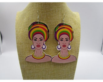 Large Rasta Turban Flower Black African American Fashion Dangle Earrings