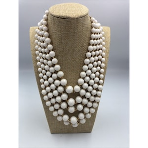Vintage Hong Kong Multi Strand White Plastic Beads Gold Tone Accent, 16”