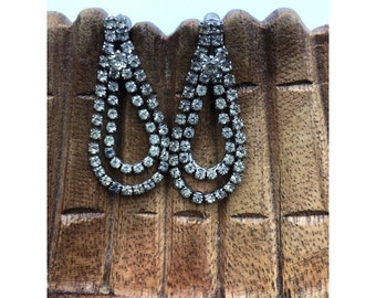 Vintage Style Silver Tone Dangle Rhinestone Earrings, 2”