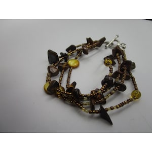 Multi Layer Abalone, Mother of Pearl and Seed Bead Beaded Bracelet, 9&quot;, Toggle Clasp