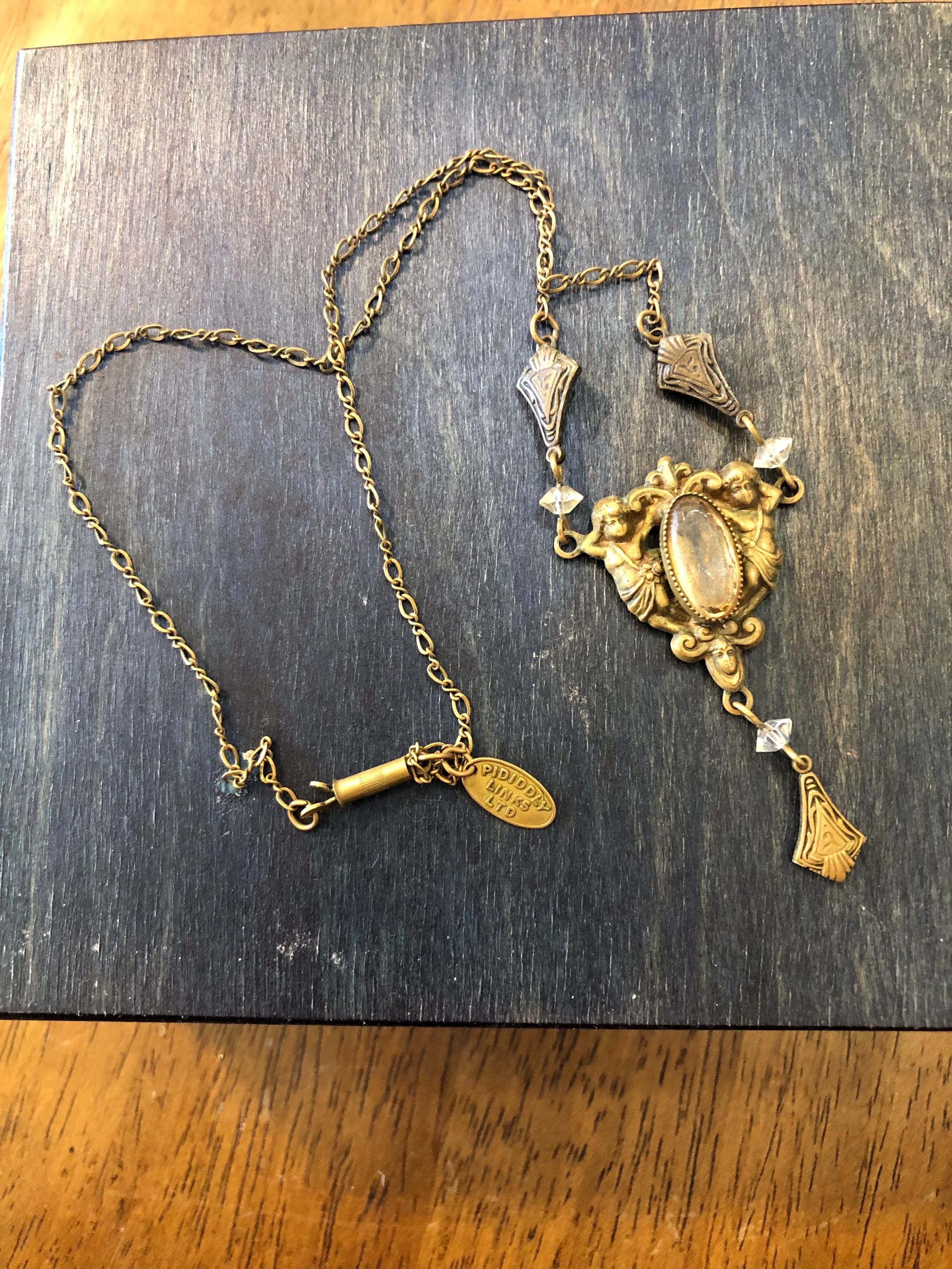 Pididdly Links Brass Tone Glass Beads Cherub Art Nouveau Necklace