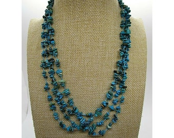 Triple Layer String Of Turquoise Chips With Sterling Silver Clasp, 16 Inches, Southwestern Style Collar Necklace, Blue String Turquoise