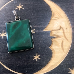 Vintage Sterling Silver .925 Malachite Square Shape Pendant, 18 Grams, Western Style Green Gemstone Jewelry