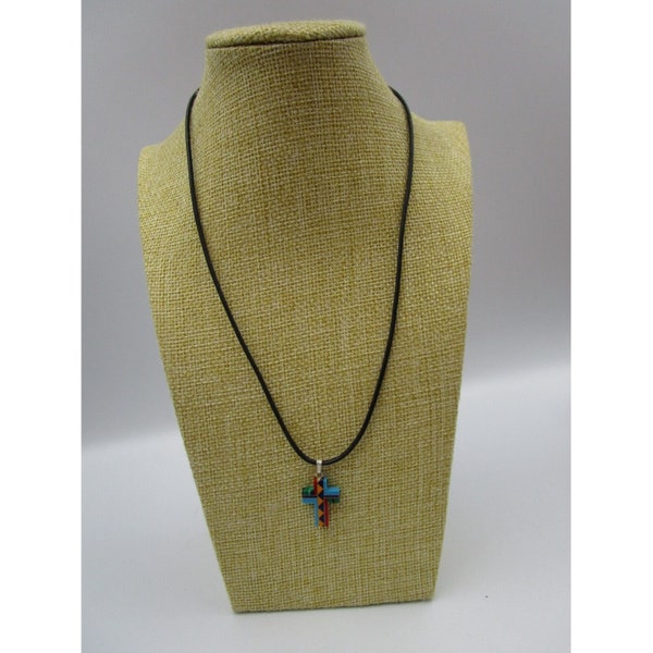 Zuni Style Cross Pendant Resin Inlay, Leather Sterling Silver .925 Findings Chain Necklace, Southwestern Style Jewelry Religious