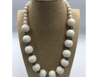 Sterling Natural White Coral & Genuine Turquoise Chunk Beads Statement Necklace - 126 Grams Tested, Southwestern Jewelry