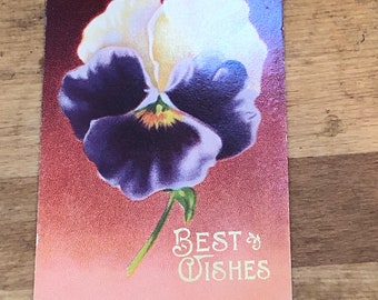 Vintage Unused Pansy Postcard, Vintage Floral Post Card, Best Wishes Purple and Yellow Pansy Flower Post Card, perfect Gift, Vintage Card