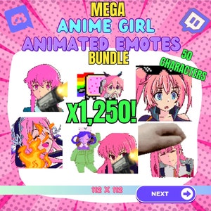 Animated Pink Anime Girl Twitch Emotes: MEGA Pack (112x112 px)