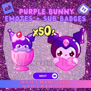 Kawaii Purple Bunny Emote Pack: Twitch & Discord Sub Badges