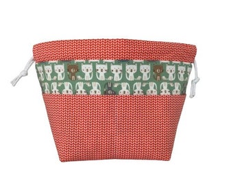 Happy Cats knitting project bag,  Small drawstring bag, Sock sack with pockets, gift for knitter and crocheter
