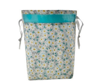 Daisy Print Knitting Project Bag, Floral Drawstring bag, Sock project bag