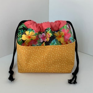 Toucans and flowers knitting project bag, Hawaiian print drawstring bag, Sock sack with pockets, gift for knitter and crocheter