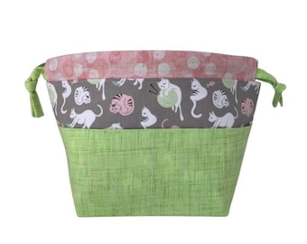 Cat lover knitting project bag, Small drawstring bag, Sock sack with pockets, gift for knitter and crocheter