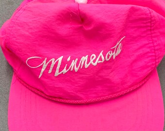 Vintage Minnesota Trucker Hat, Dayglo Fluorescent Pink, 80s 90s Dad Style, tags, Nylon Bright Highlighter Trucker Cap Baseball Souvenir Spor