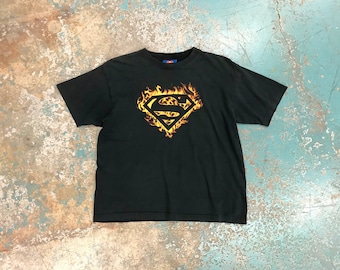 Vintage Superman T Shirt 90s Y2K Women’s Size Medium Cropped, tags: Man of Steel DC Comics Justice League Comic Books Book Flames Flame