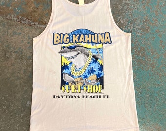 Vintage Thrashed Big Kahuna Surf Shop Tank Top, Size Medium 19.5” x 29”, tags paint splatter ron jons surfing beach tshirt t shirt t-shirt