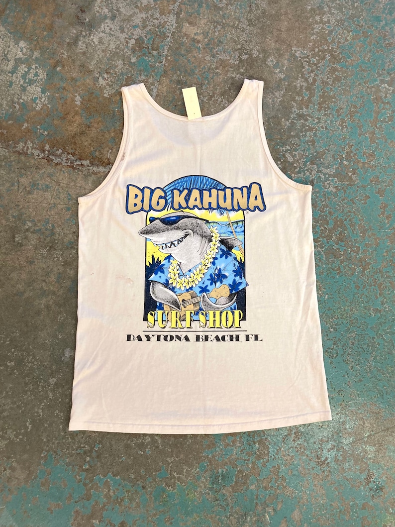 Vintage Thrashed Big Kahuna Surf Shop Tank Top, Size Medium 19.5 x 29, tags paint splatter ron jons surfing beach tshirt t shirt t-shirt image 1