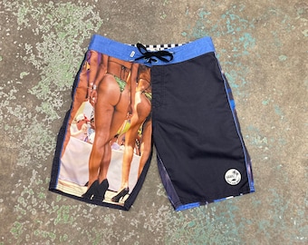Thrifted Vans Boardshorts, Bikini Contest Babes Print, Mens Size 32 ish, tags swim trunks wakestock wakeboard wakeboarding shorts hyperlite