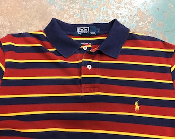 Vintage Polo Ralph Lauren Shirt, Men’s Size L, Striped Pique Gryffindor Colors Harry Potter Costume Red Blue Gold Yellow Y2K Rugby Preppy