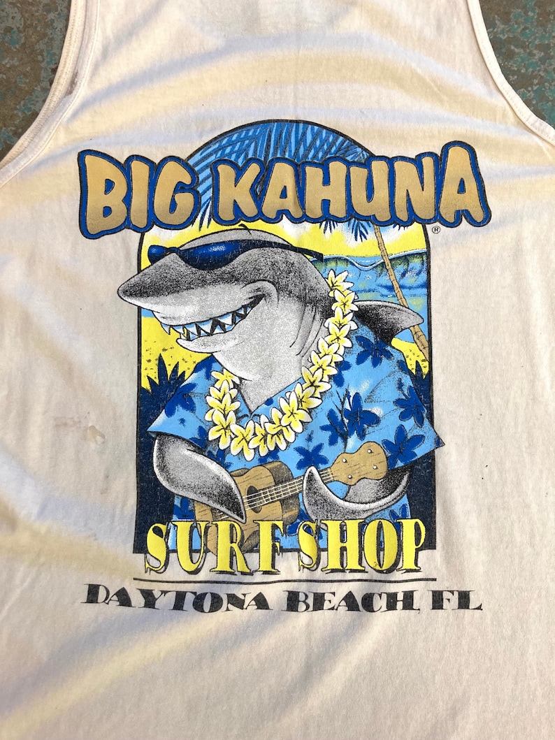 Vintage Thrashed Big Kahuna Surf Shop Tank Top, Size Medium 19.5 x 29, tags paint splatter ron jons surfing beach tshirt t shirt t-shirt image 2
