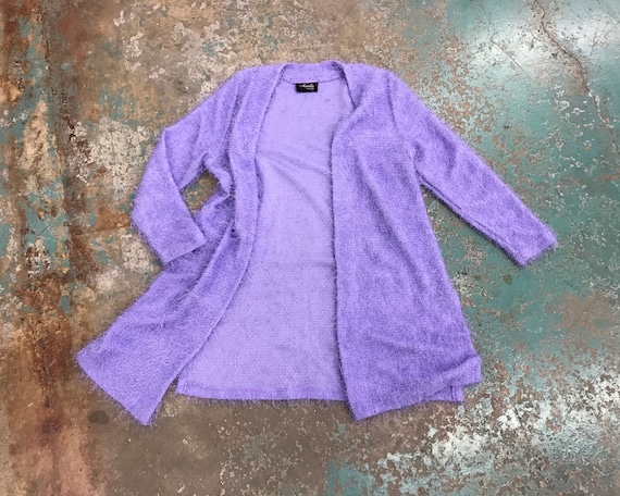Vintage Lavender Fuzzy Long Cardigan Sweater - 70s