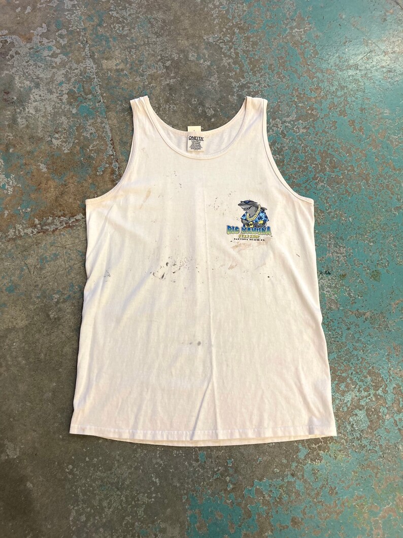 Vintage Thrashed Big Kahuna Surf Shop Tank Top, Size Medium 19.5 x 29, tags paint splatter ron jons surfing beach tshirt t shirt t-shirt image 3