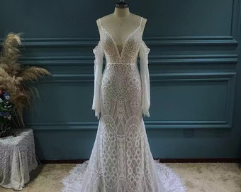 More Dresses @RomantiqueBoho.com Glamorous Lace Wedding Bohemian Dress V Neck Bridal Gowns With Off Shoulder Removable Boho Sleeves