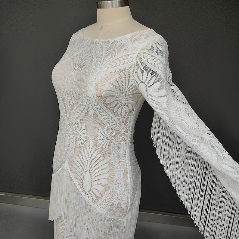 Visit www.ROMANTIQUEBOHO.com Fringe Chantilly Lace Wedding Dress Long Tassels Sleeves High Split Slip Boho Destination Bridal Gowns image 4