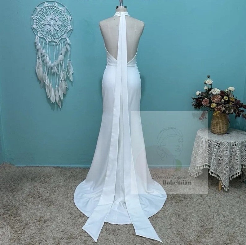 Best Deals RomantiqueBoho.com Sexy Halter Crepe Mermaid Wedding Dress High Fission Open Back Sleeveless Modern Women Bridal Gowns image 6