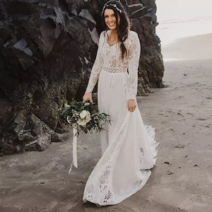 More Dresses @RomantiqueBoho.com Hippie Beach Boho Elopement Photoshoot Wedding Dress Lace Chiffon A Line Seaside Long Sleeve Bridal Gown