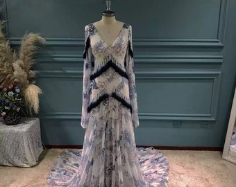 More Dresses @RomantiqueBoho.com Unique Bride Boho Chic Wedding Dress Blue Floral Print Bohemian Bridal Gowns With Tassels