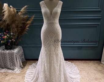 More Dresses @RomantiqueBoho.com nv Lace Bohemian Wedding Dress V Neck Sleeveless Open Back Mermaid Bridal Gowns