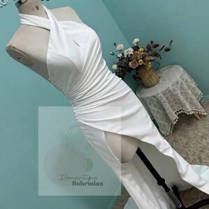 Best Deals RomantiqueBoho.com Sexy Halter Crepe Mermaid Wedding Dress High Fission Open Back Sleeveless Modern Women Bridal Gowns image 4